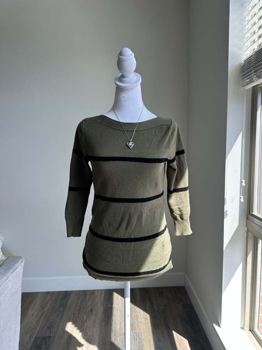 Vtg Y2K Attention Olive Green Black Striped Knit Sweater M